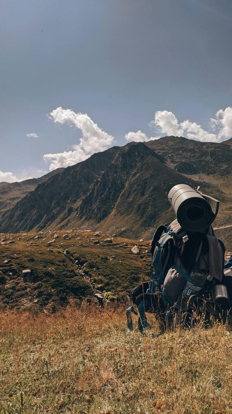 A hiker's backpack rests in a tranquil mountain meadow, perfect for adventure seekers.