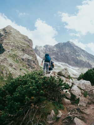 Two hikers trekking through the scenic Tatra Mountains on a summer day.